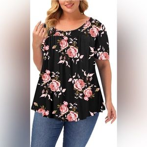 ALLEGRACE Women’s Plus Size Floral Black Short Sleeve Summer Blouse Top Size 3X